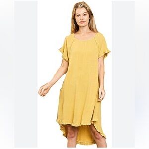 UMGEE Boho Linen Blend Short Sleeve Frayed Trim High Low Dress Golden Yellow S